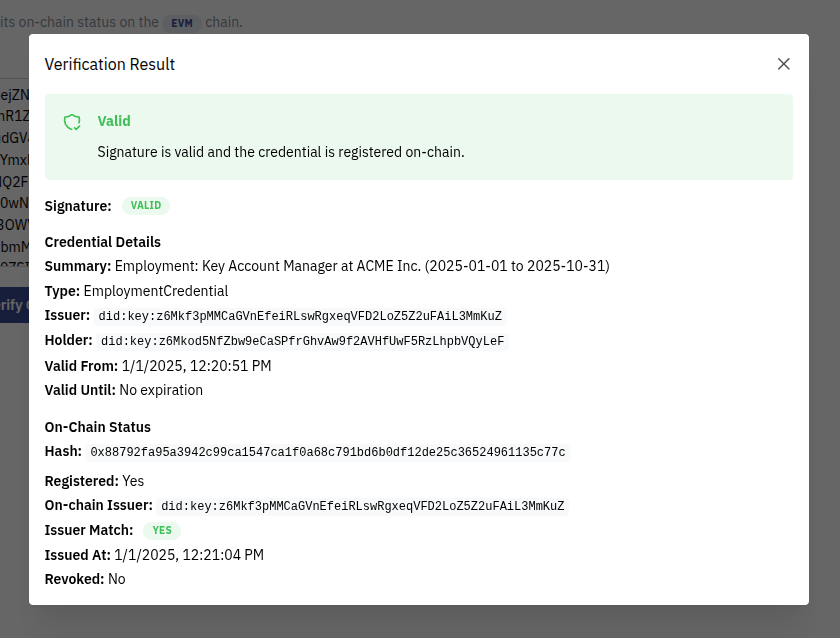 The Verify view shows a credential's verification result: signature validity, credential details (type, issuer, holder, dates), and on-chain status (registered, issuer match, revocation status).