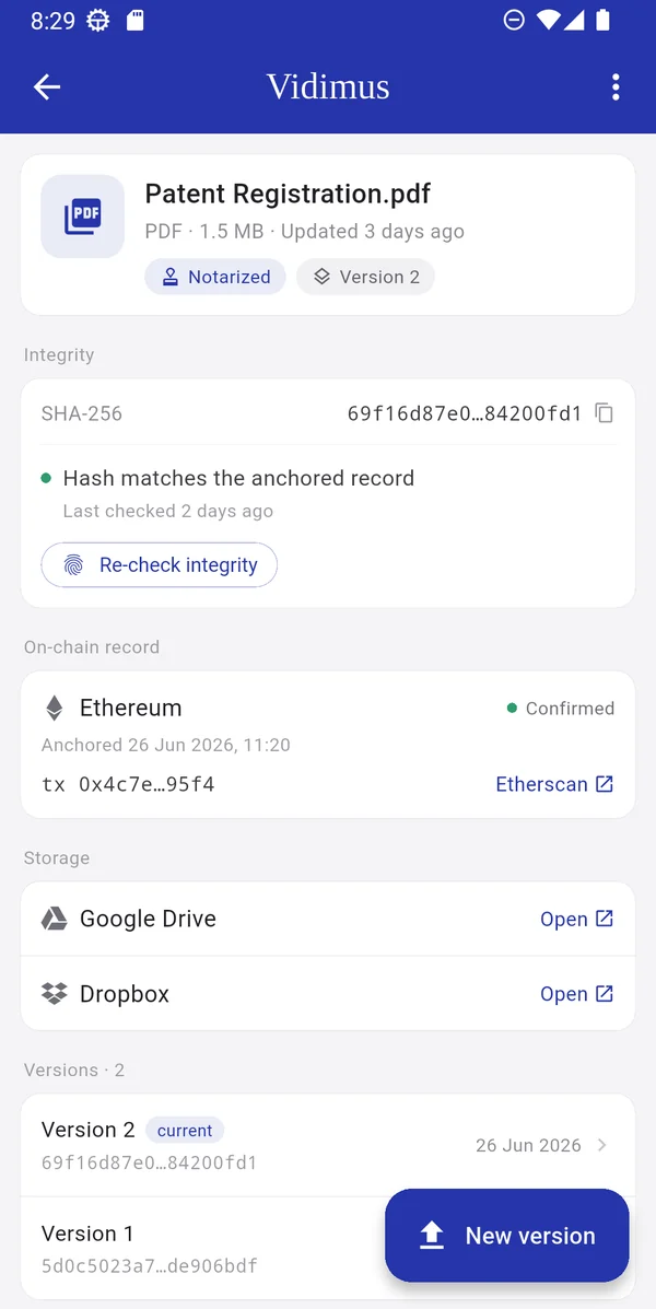 A document's notarization detail in Vidimus